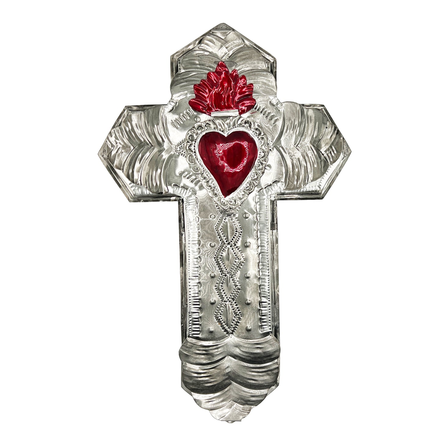 Handcrafted Mexican Hojalata Tin Cross With Sacred Heart Motif