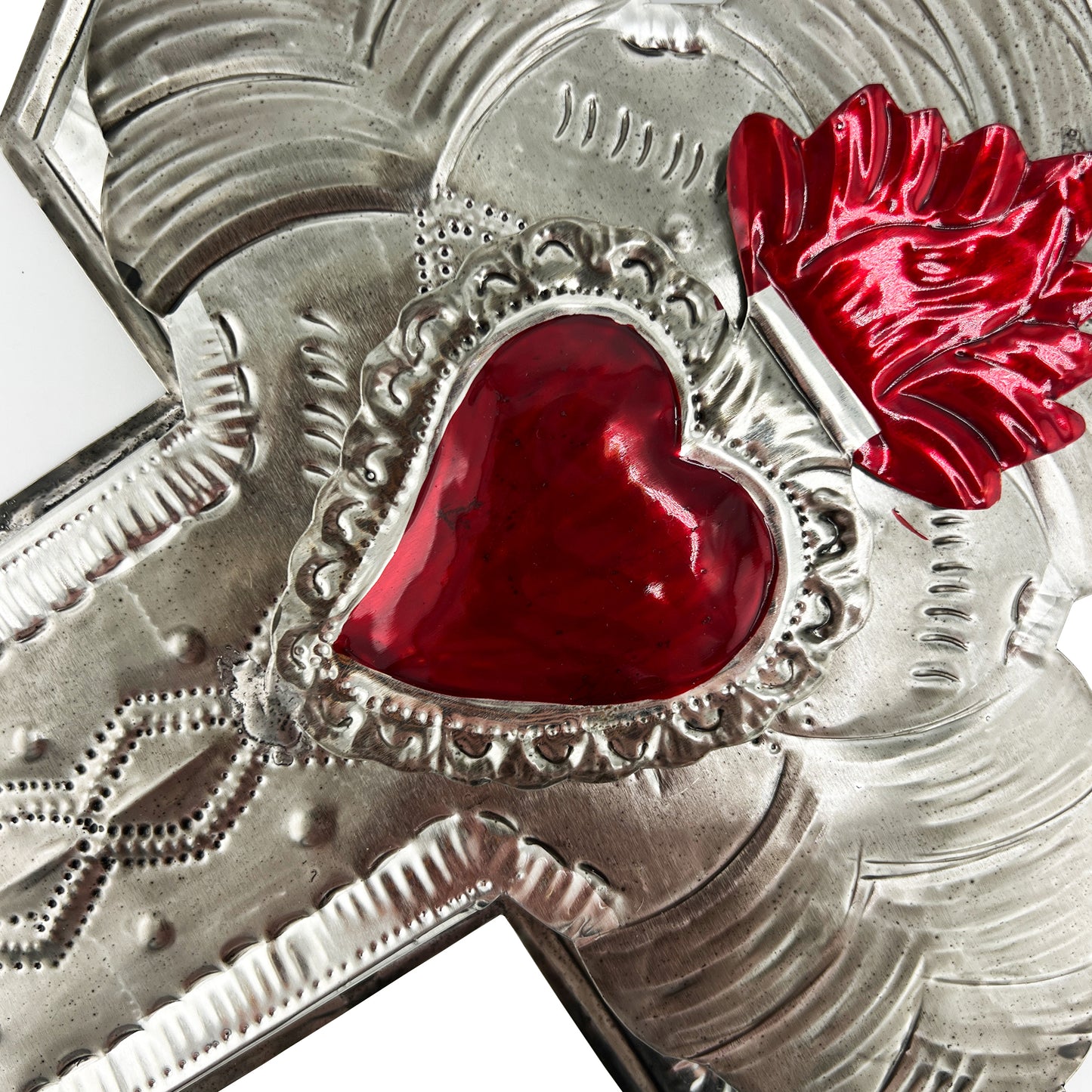 Handcrafted Mexican Hojalata Tin Cross With Sacred Heart Motif