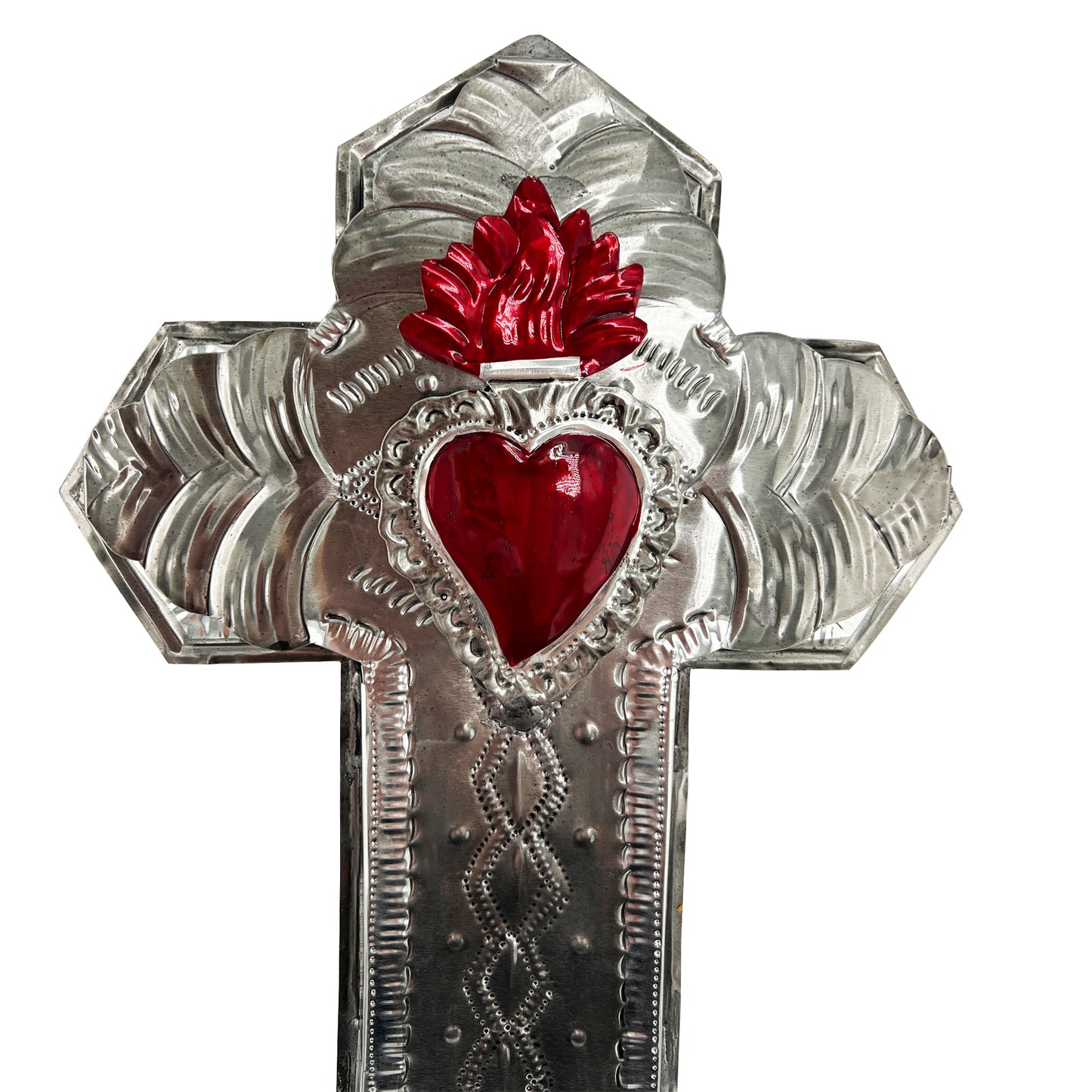 Handcrafted Mexican Hojalata Tin Cross With Sacred Heart Motif