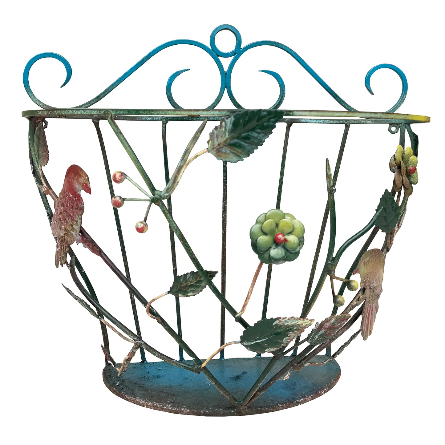 Vintage European Tole Bird and Floral Wall Planter or Magazine Rack - circa 1960