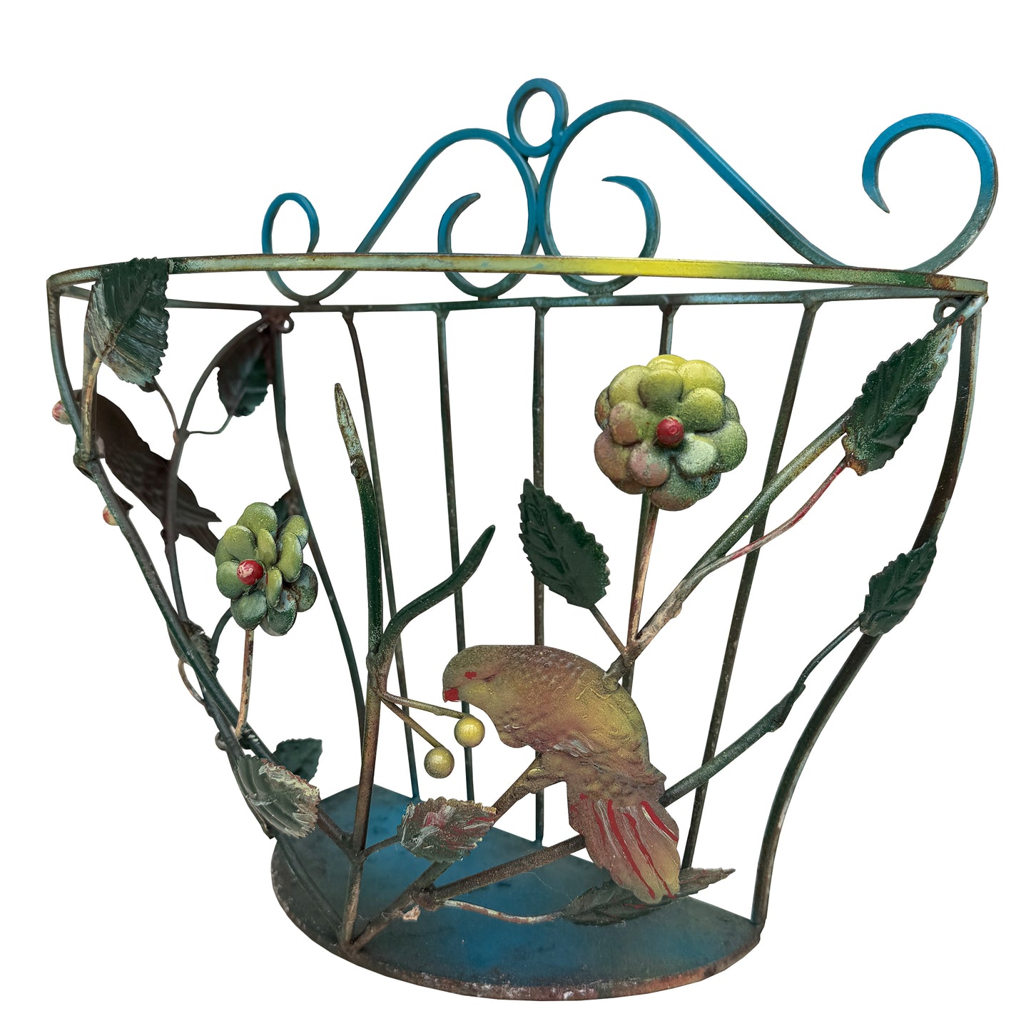 Vintage European Tole Bird and Floral Wall Planter or Magazine Rack - circa 1960