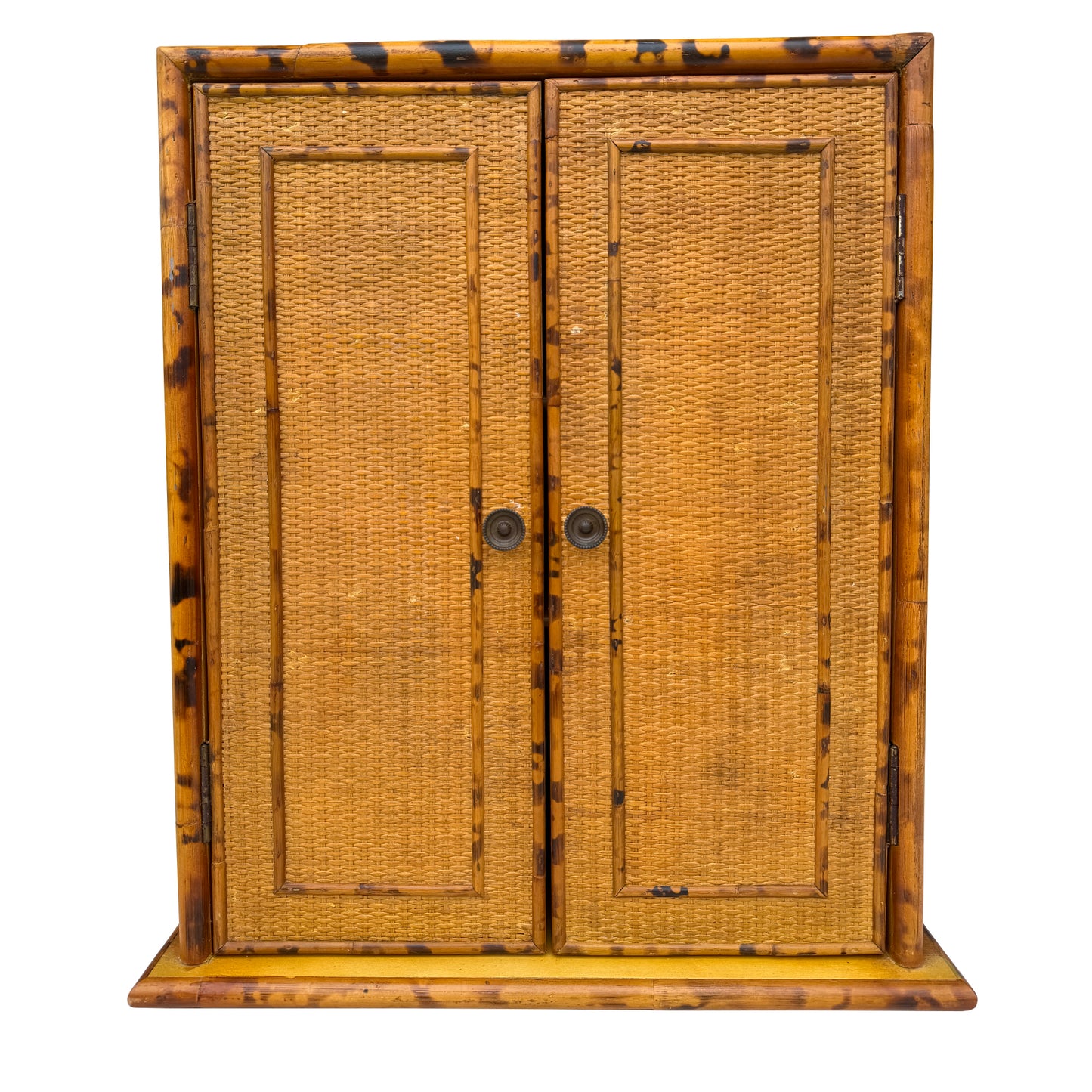 Vintage Tortoise or Scorched Bamboo Woven Rattan Two-Door Wall Cabinet, 1970s
