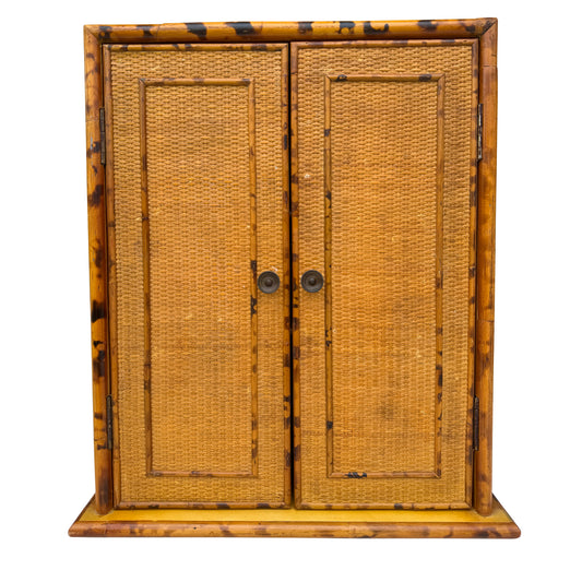 Vintage Tortoise or Scorched Bamboo Woven Rattan Two-Door Wall Cabinet, 1970s