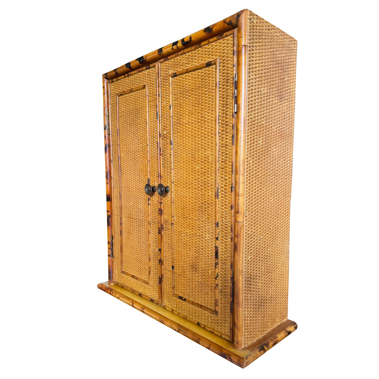 Vintage Tortoise or Scorched Bamboo Woven Rattan Two-Door Wall Cabinet, 1970s