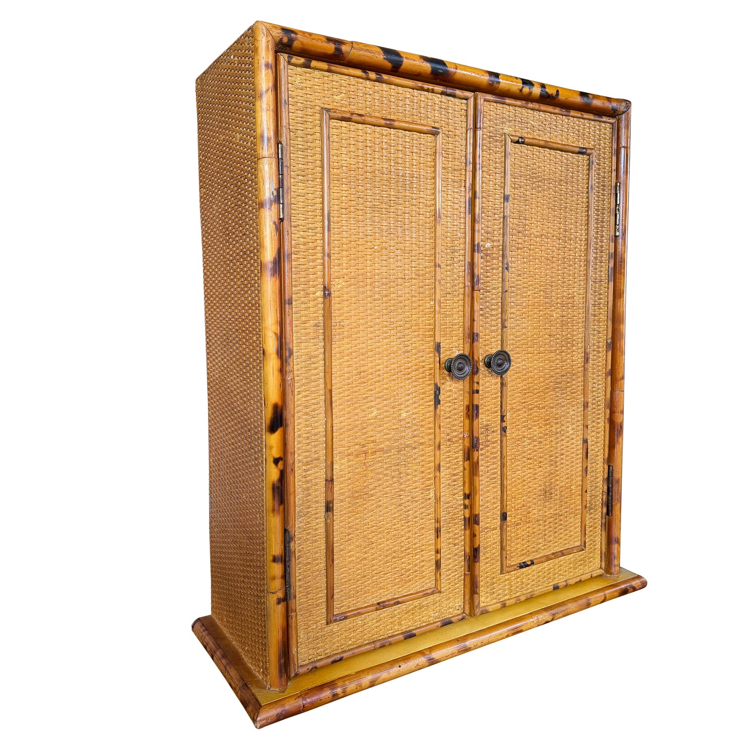Vintage Tortoise or Scorched Bamboo Woven Rattan Two-Door Wall Cabinet, 1970s
