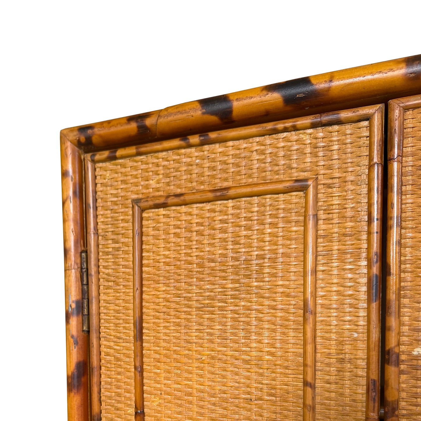 Vintage Tortoise or Scorched Bamboo Woven Rattan Two-Door Wall Cabinet, 1970s