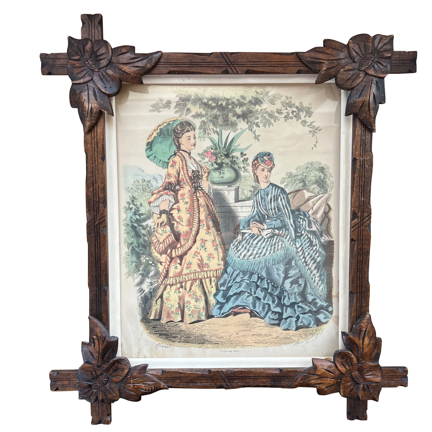 Pair of Victorian Fashion Engravings in Carved Black Forest Frames, 19th C.