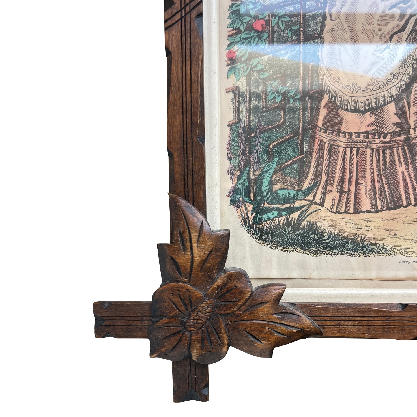 Pair of Victorian Fashion Engravings in Carved Black Forest Frames, 19th C.
