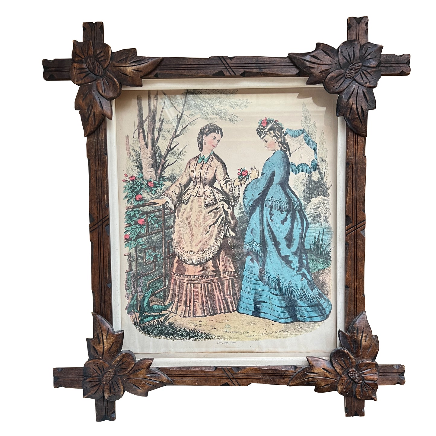 Pair of Victorian Fashion Engravings in Carved Black Forest Frames, 19th C.