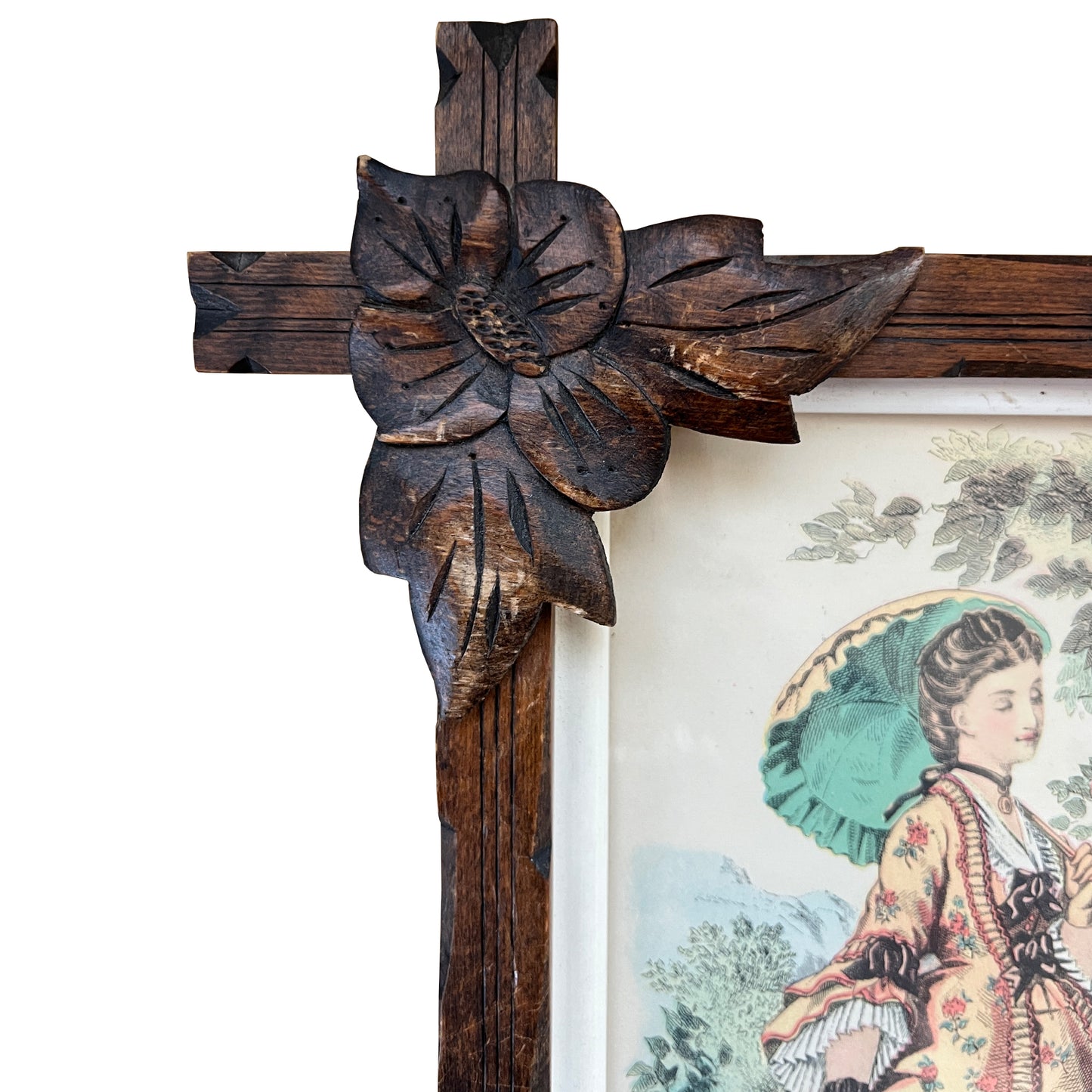 Pair of Victorian Fashion Engravings in Carved Black Forest Frames, 19th C.