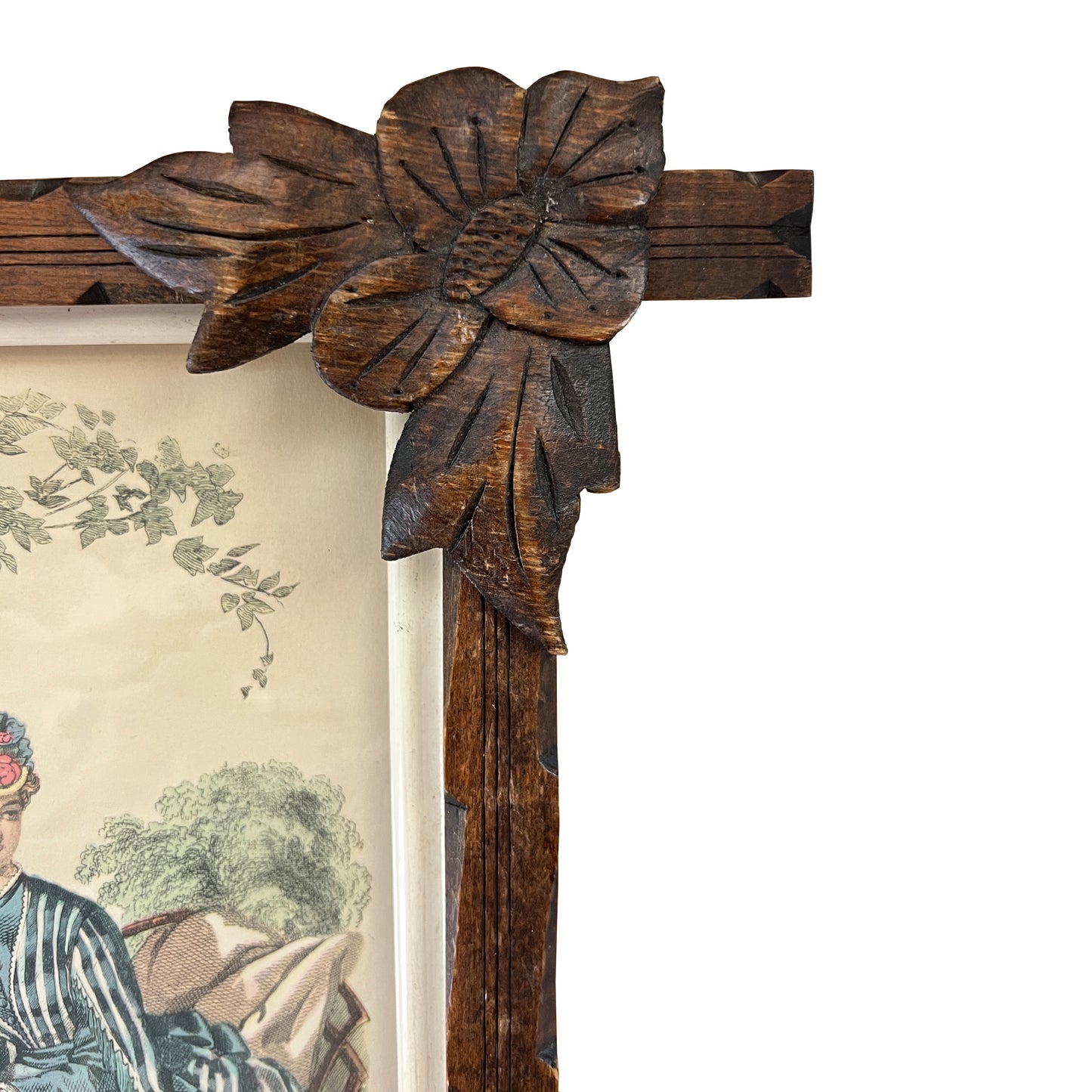 Pair of Victorian Fashion Engravings in Carved Black Forest Frames, 19th C.