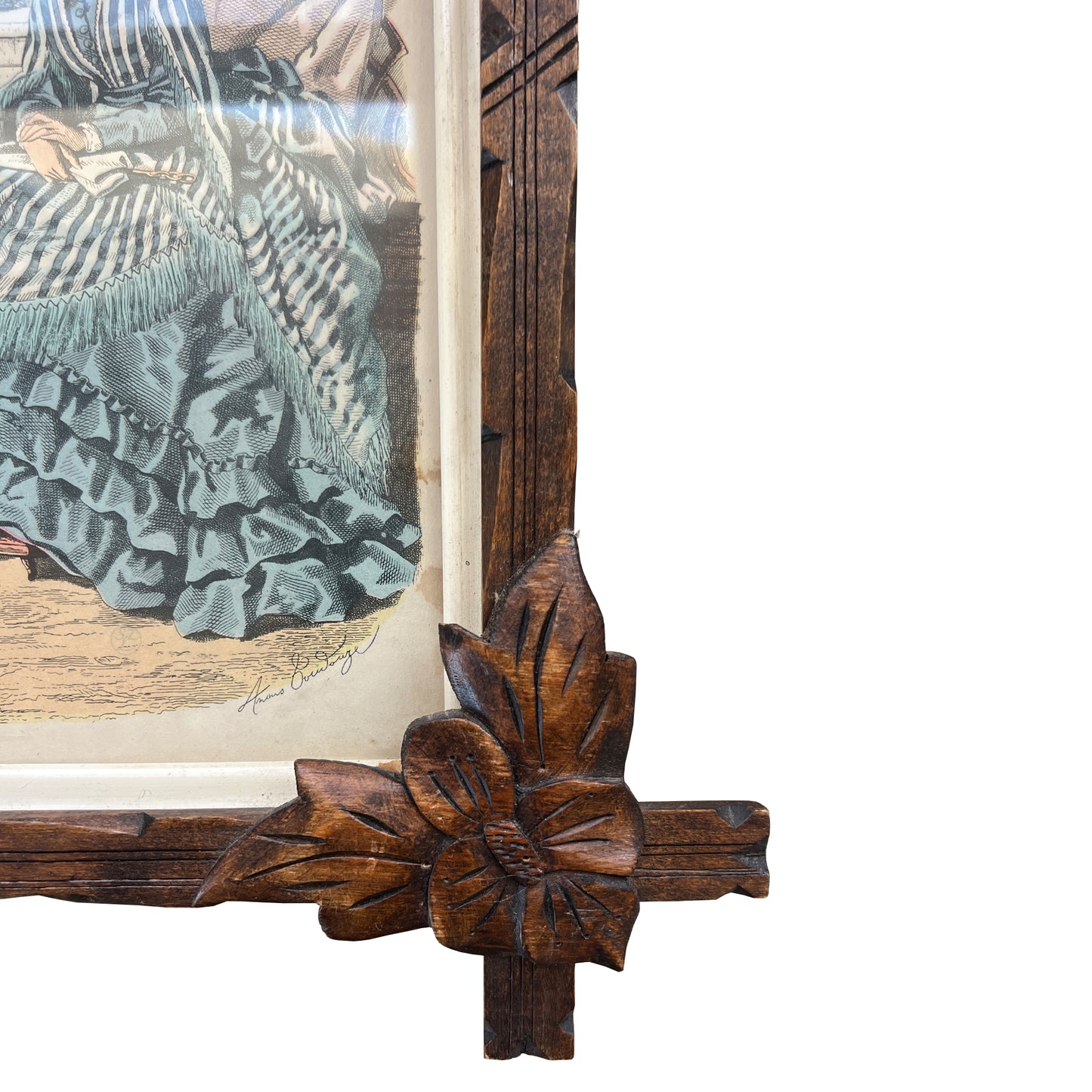 Pair of Victorian Fashion Engravings in Carved Black Forest Frames, 19th C.