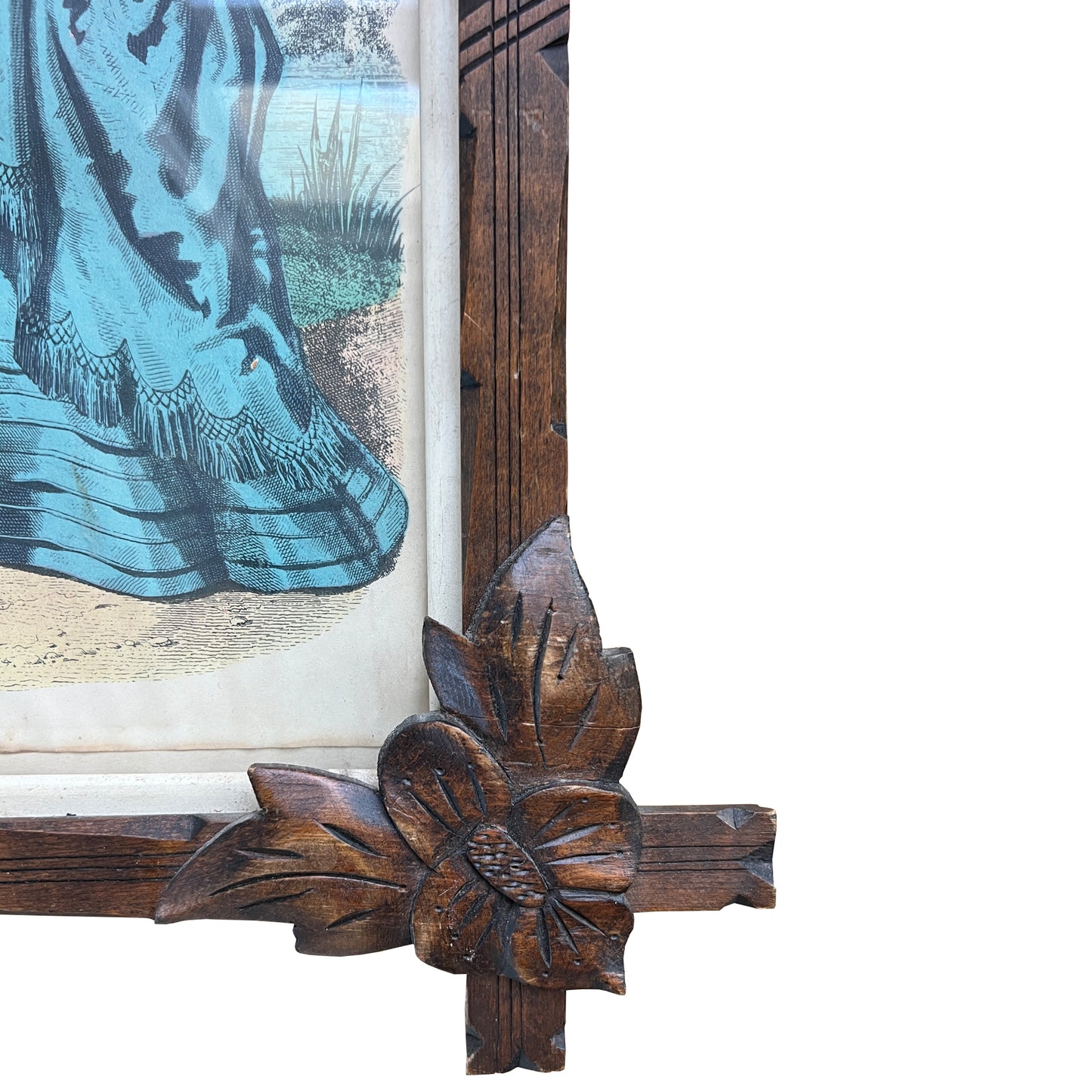 Pair of Victorian Fashion Engravings in Carved Black Forest Frames, 19th C.