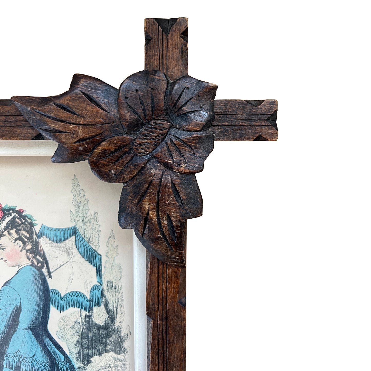 Pair of Victorian Fashion Engravings in Carved Black Forest Frames, 19th C.