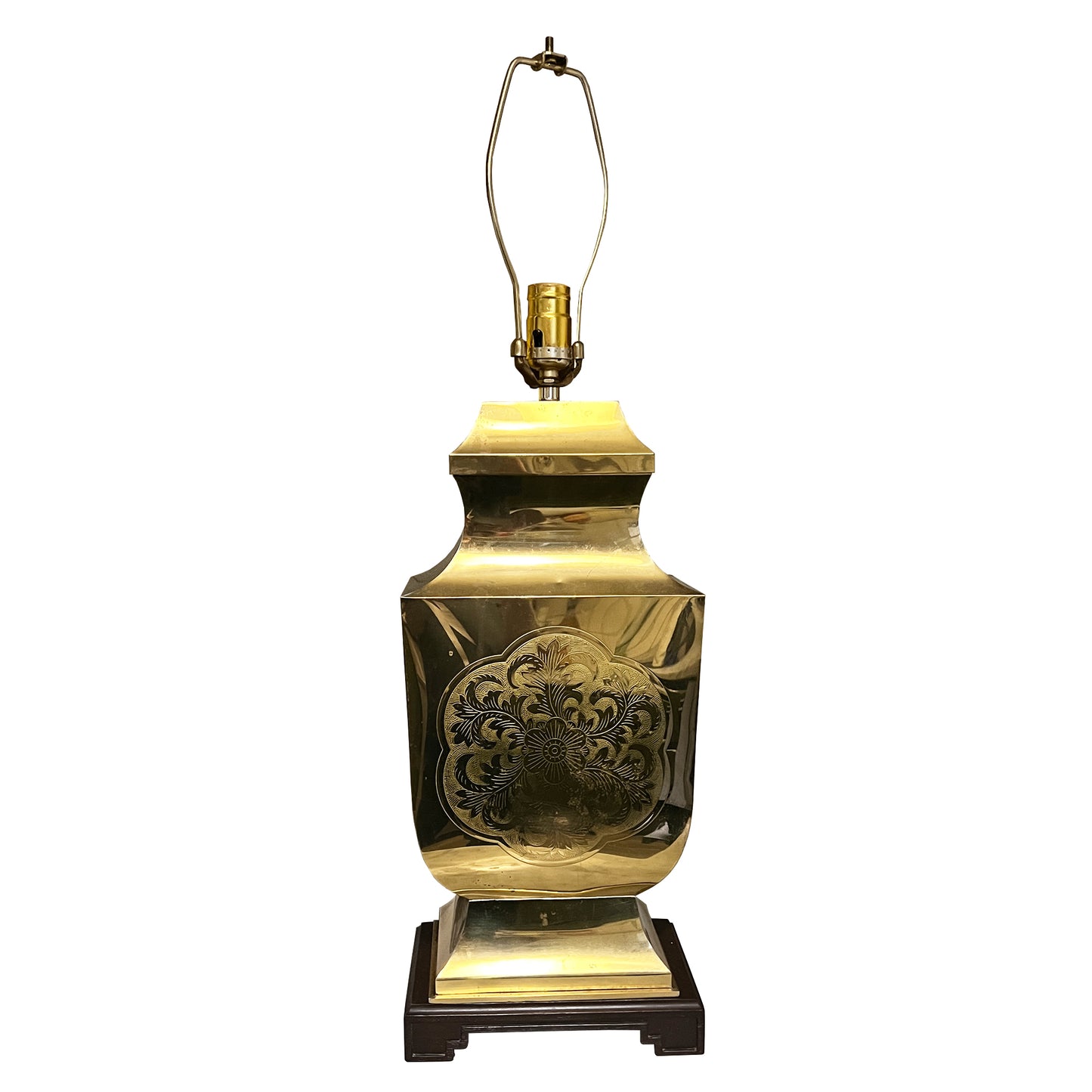 Hollywood Regency Brass Lamp on Wood Base, Etched Floral Motif