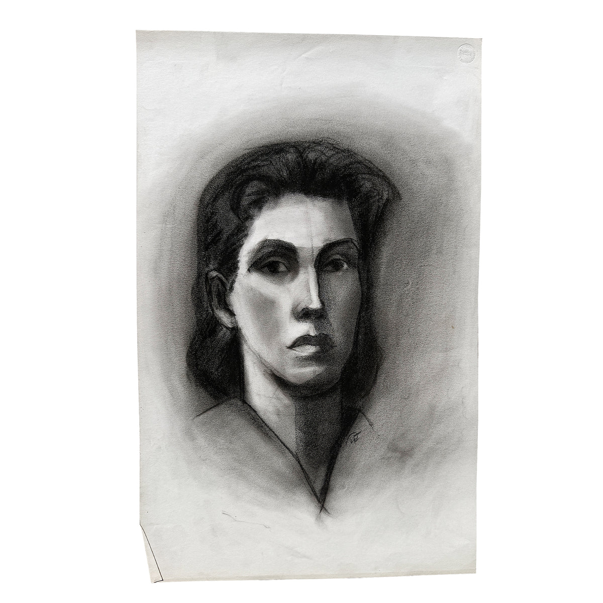 Black and White Charcoal Portrait Drawing of a Woman with Dark Hair - Signed