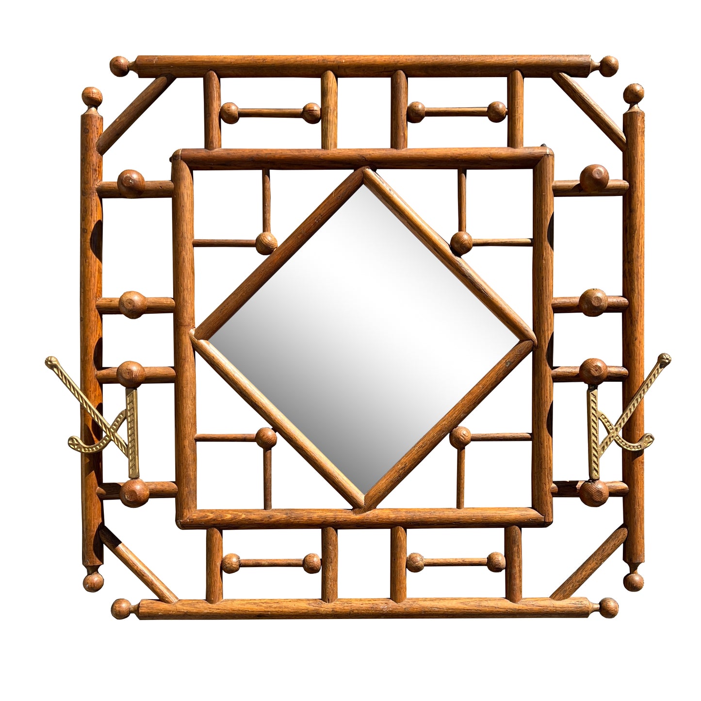 Stick and Ball Black Forest Adirondack Style Carved Wood Mirror with Brass Hooks