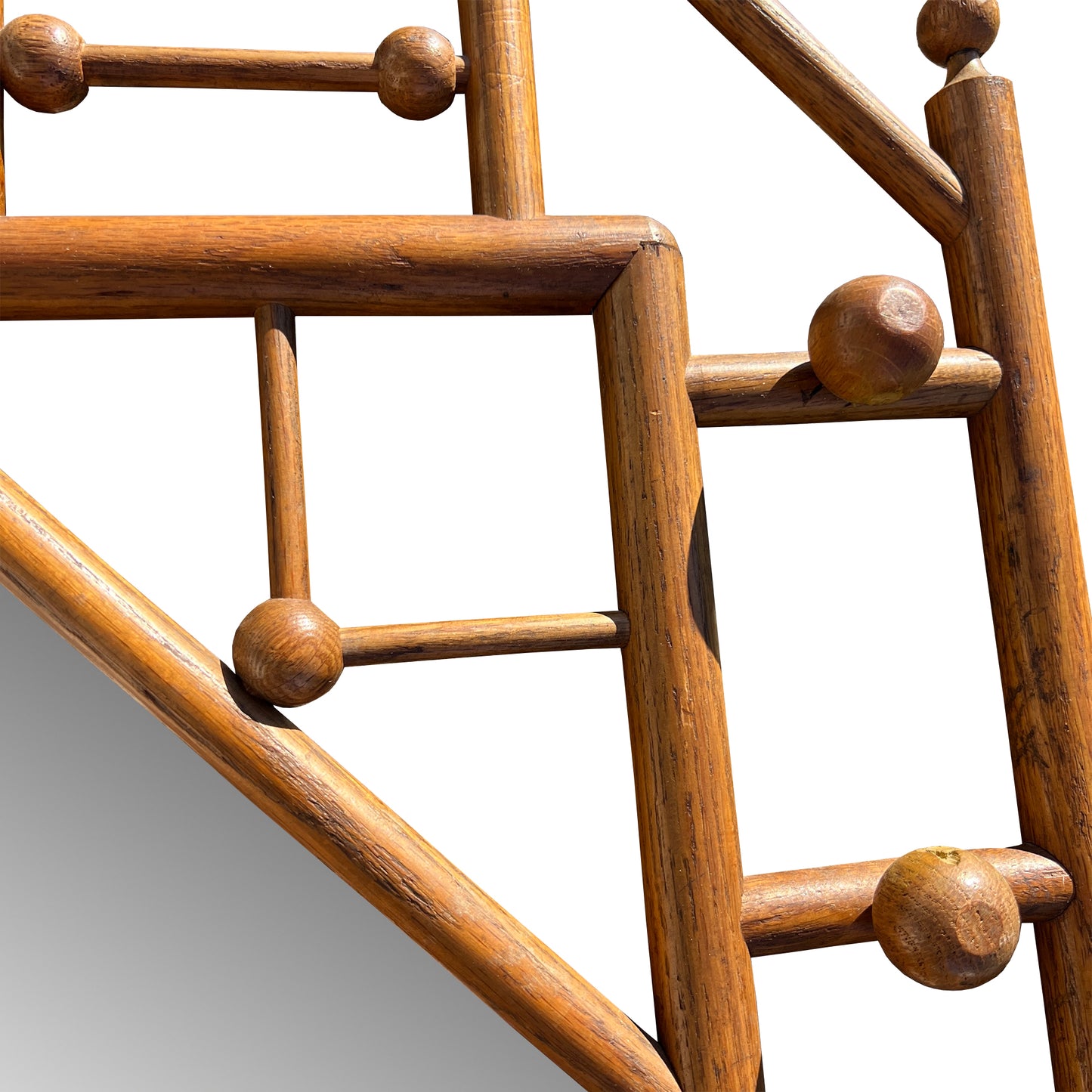 Stick and Ball Black Forest Adirondack Style Carved Wood Mirror with Brass Hooks