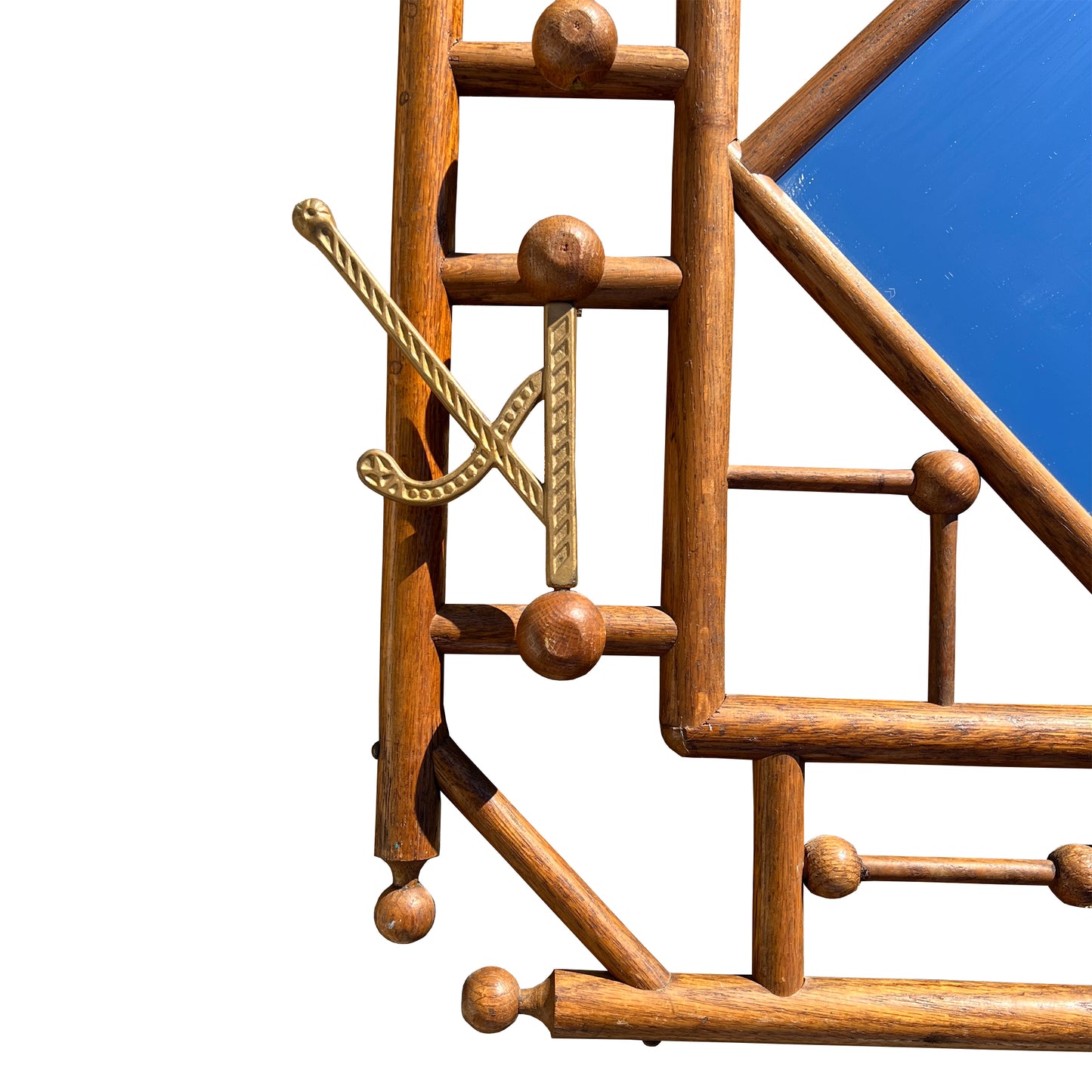 Stick and Ball Black Forest Adirondack Style Carved Wood Mirror with Brass Hooks