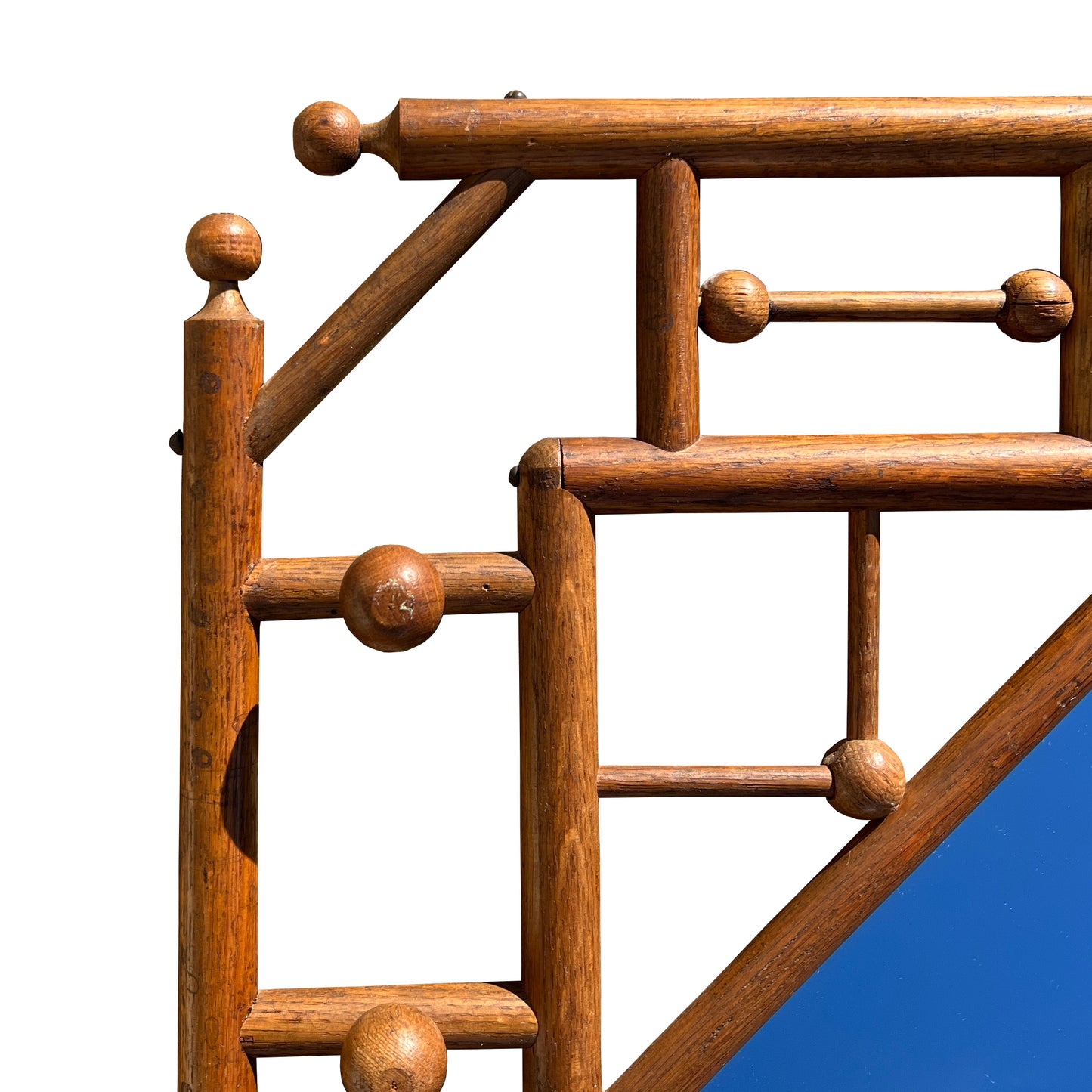 Stick and Ball Black Forest Adirondack Style Carved Wood Mirror with Brass Hooks