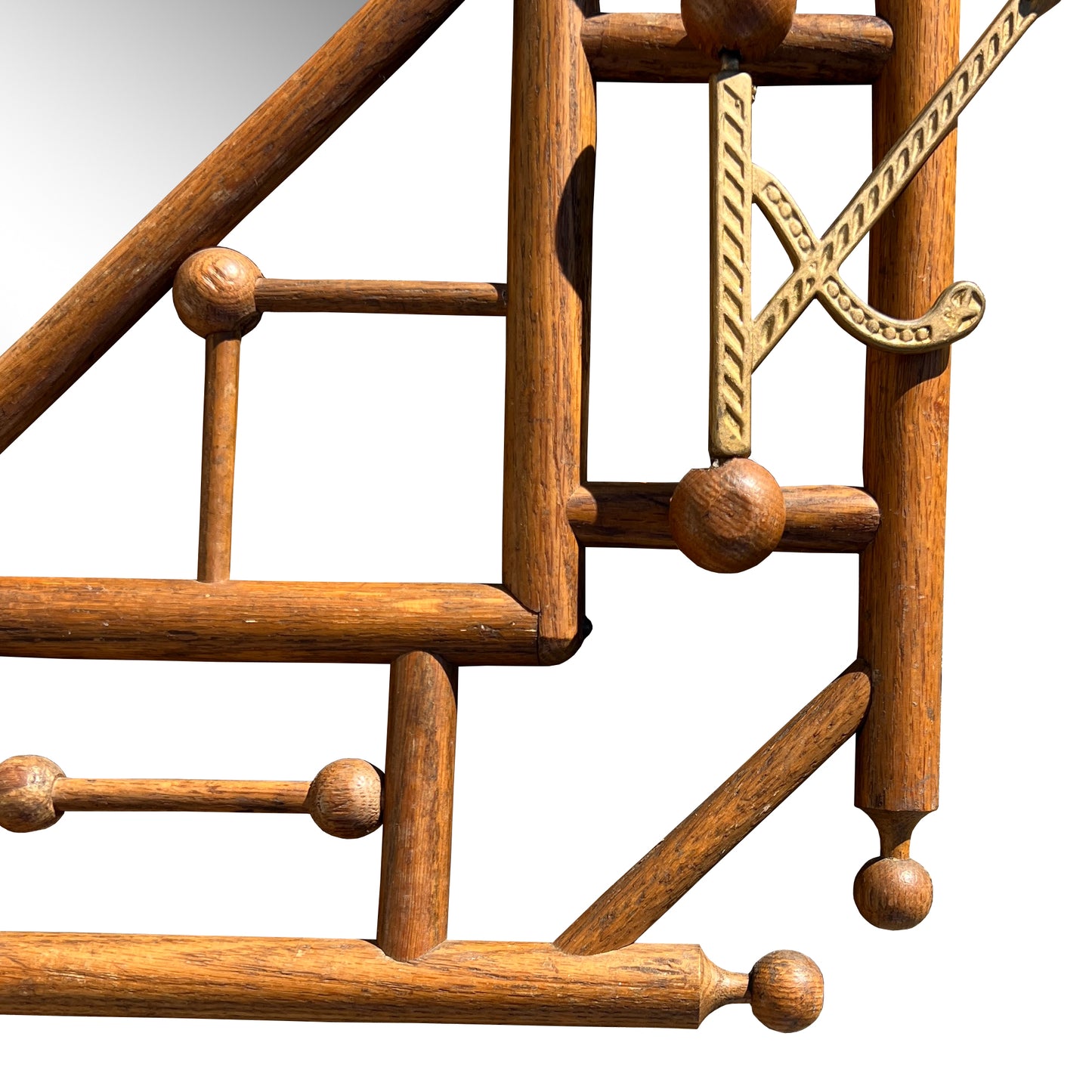 Stick and Ball Black Forest Adirondack Style Carved Wood Mirror with Brass Hooks