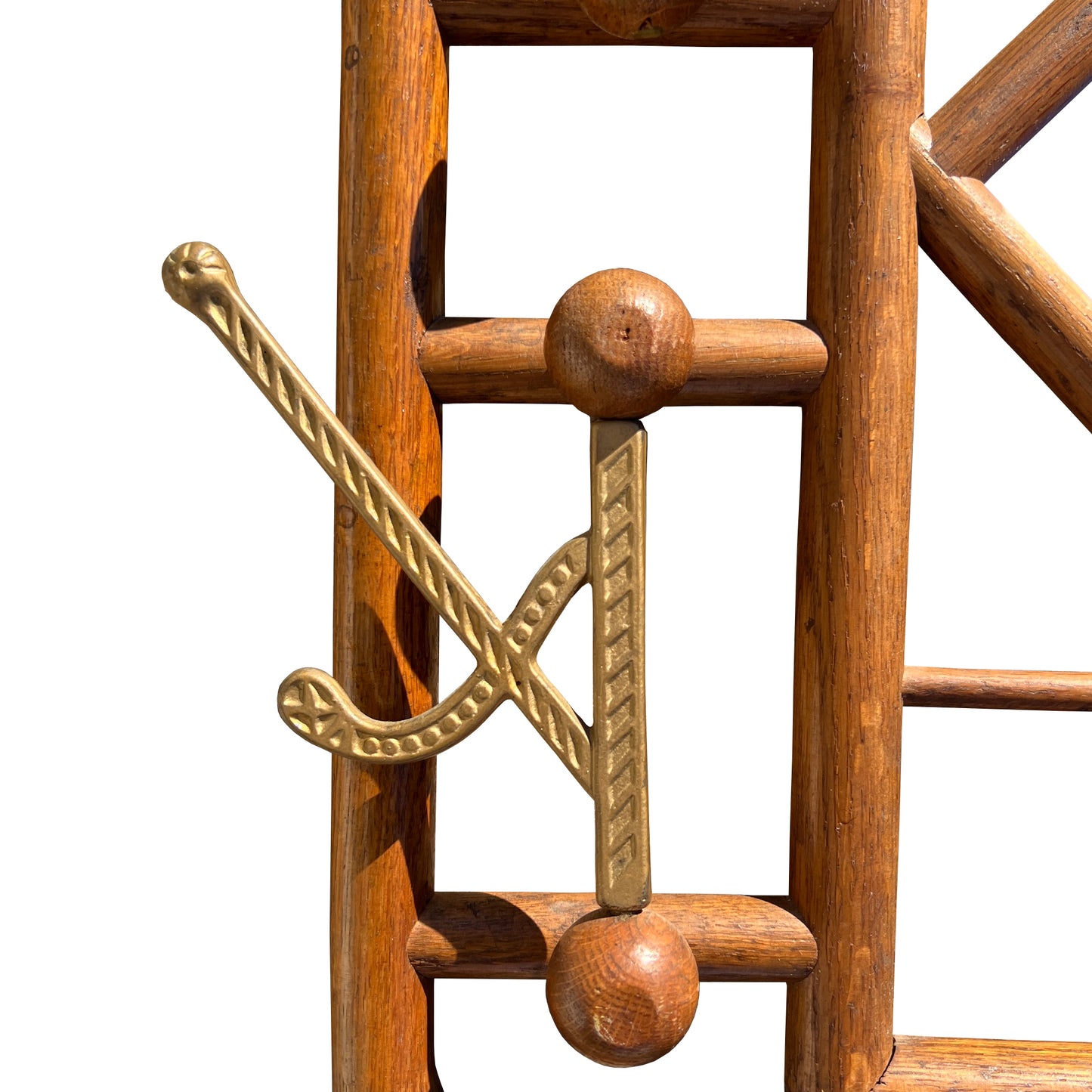 Stick and Ball Black Forest Adirondack Style Carved Wood Mirror with Brass Hooks