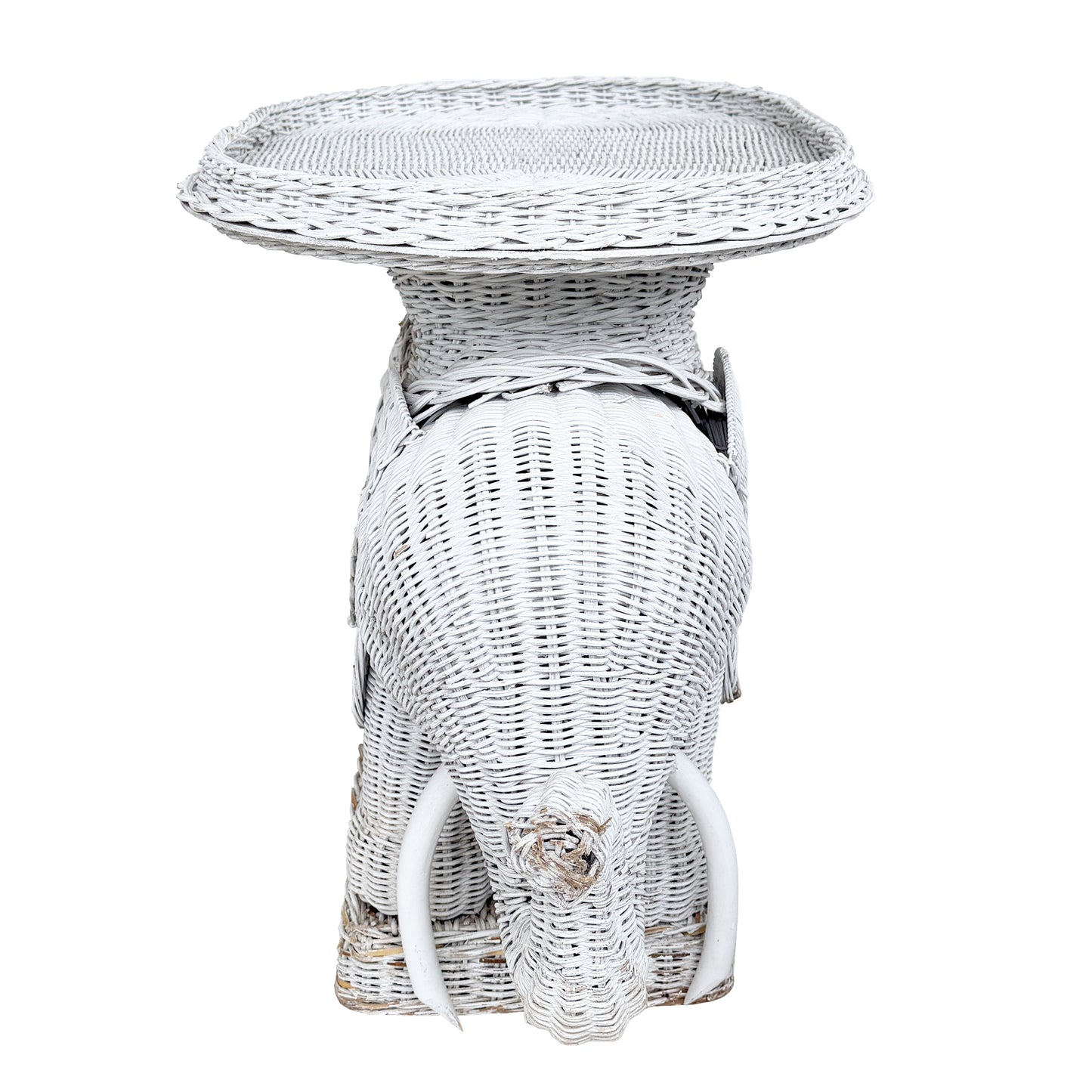Vintage White Wicker Elephant Side Table or Plant Stand - Hollywood Regency