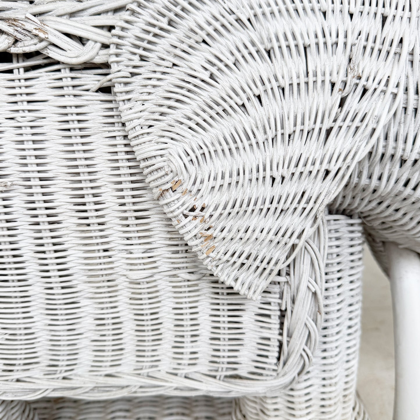 Vintage White Wicker Elephant Side Table or Plant Stand - Hollywood Regency