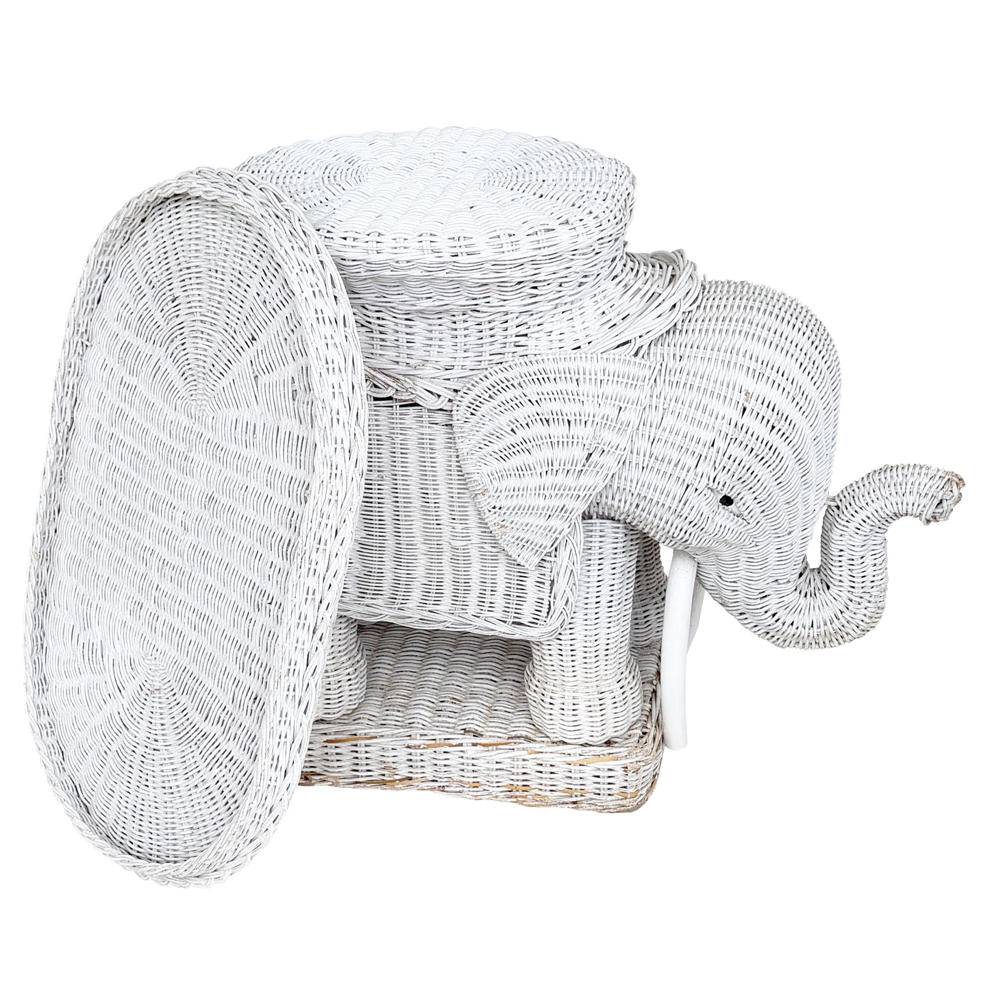 Vintage White Wicker Elephant Side Table or Plant Stand - Hollywood Regency