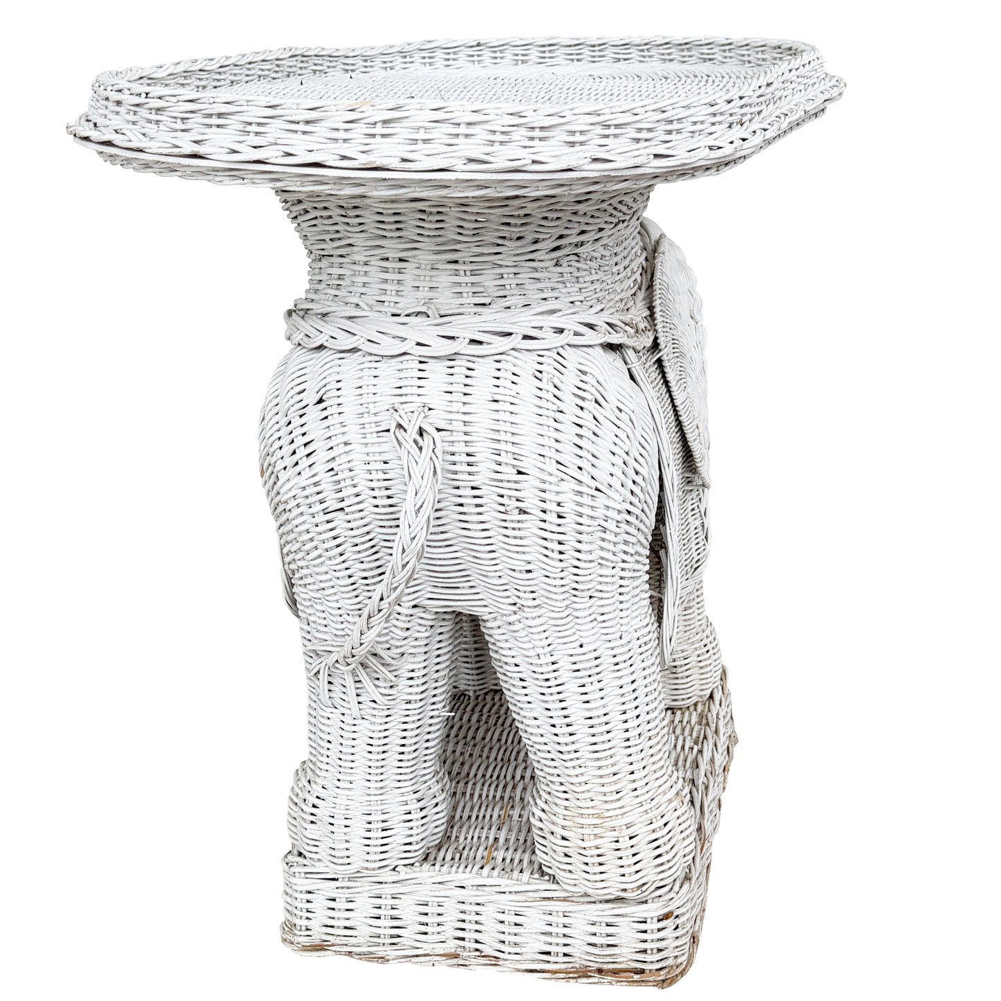 Vintage White Wicker Elephant Side Table or Plant Stand - Hollywood Regency