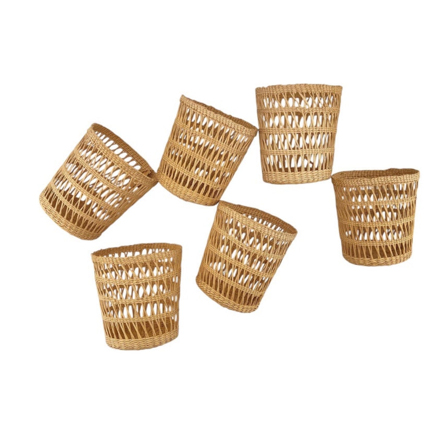 Vintage Woven Rattan Wicker Glass Holders, Set of 6, Coastal Barware