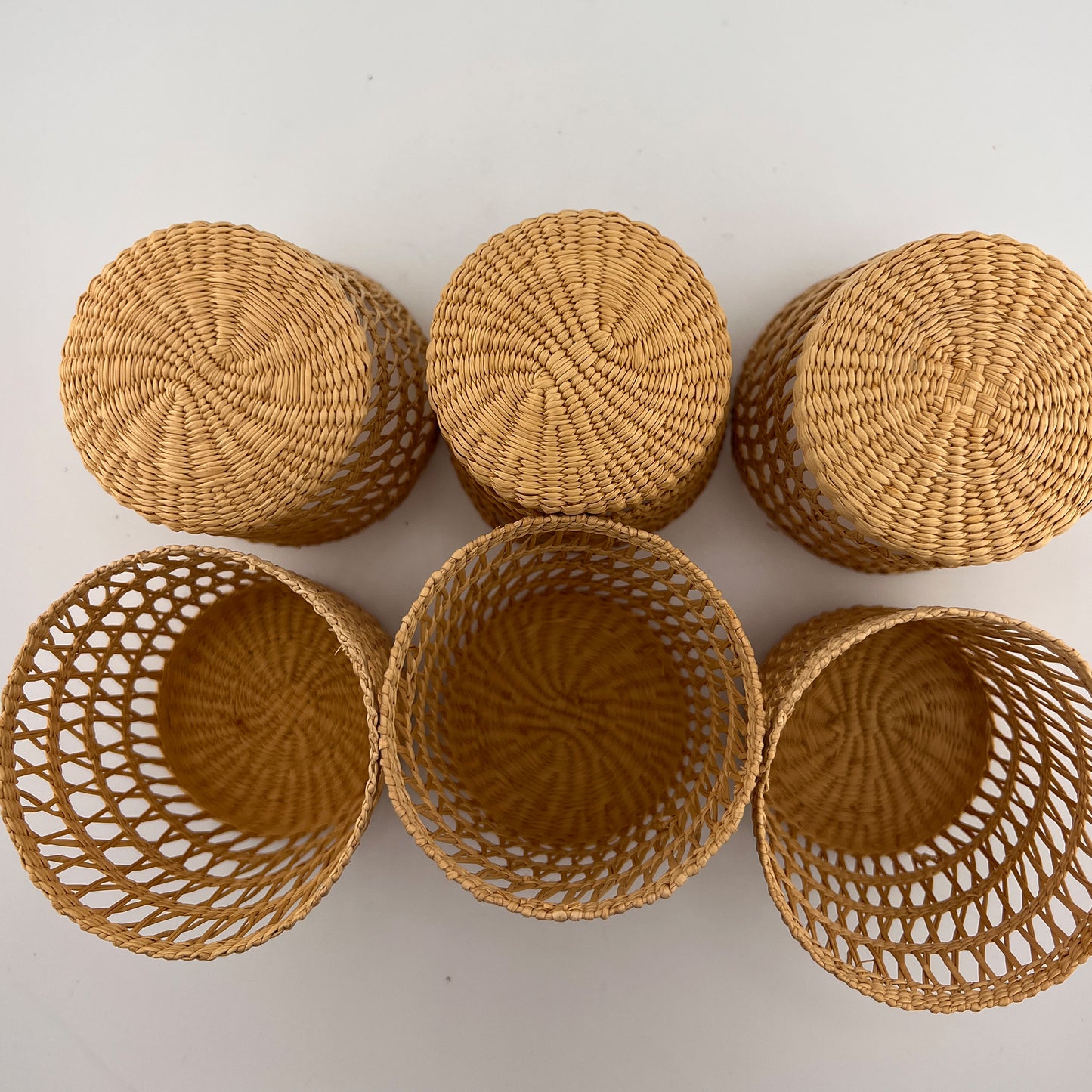 Vintage Woven Rattan Wicker Glass Holders, Set of 6, Coastal Barware