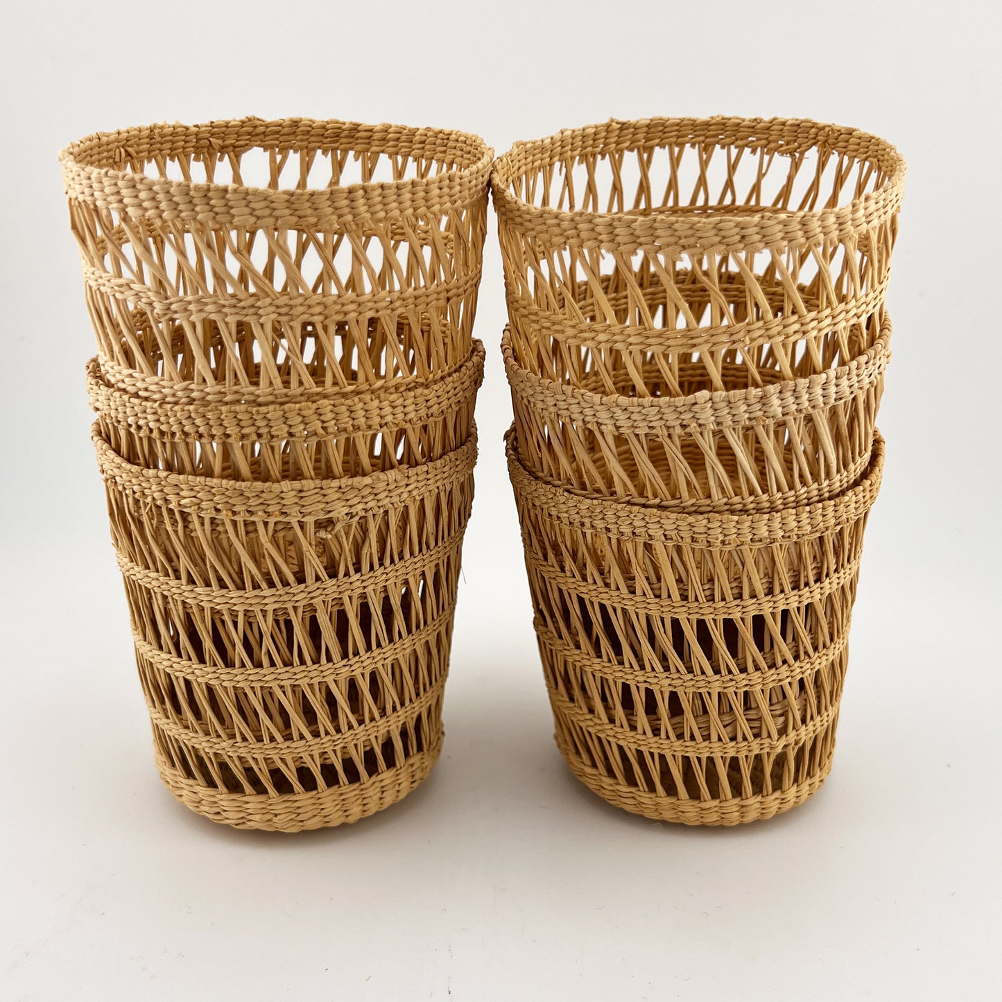 Vintage Woven Rattan Wicker Glass Holders, Set of 6, Coastal Barware