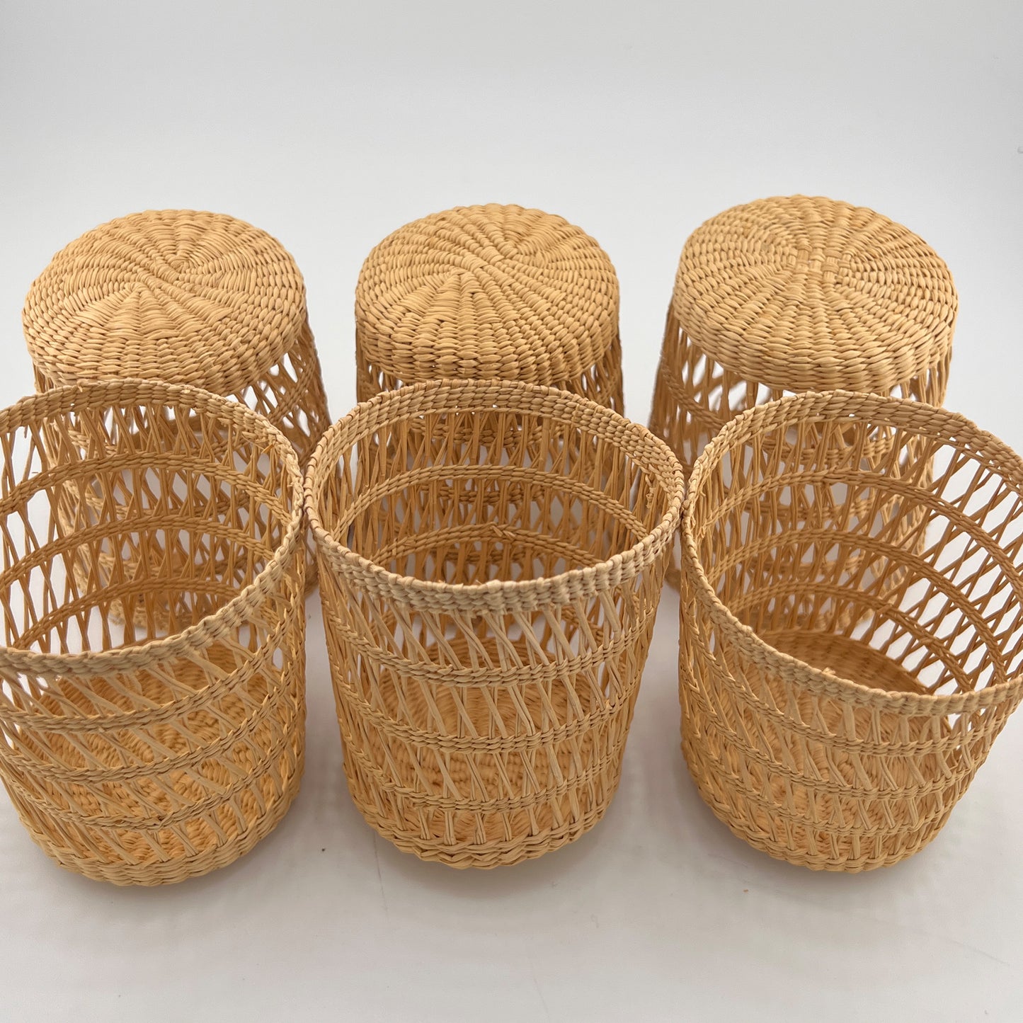 Vintage Woven Rattan Wicker Glass Holders, Set of 6, Coastal Barware