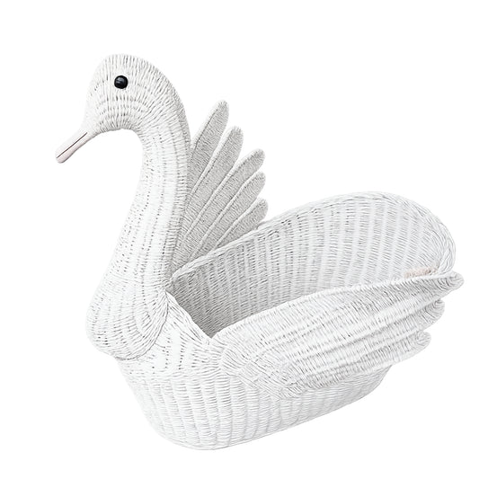 Monumental White Wicker Swan Basket or Planter, Palm Beach Style