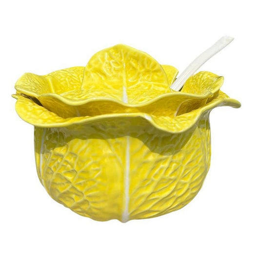 Large Yellow Ceramic Cabbageware or Lettuceware Tureen with Lid and Ladle