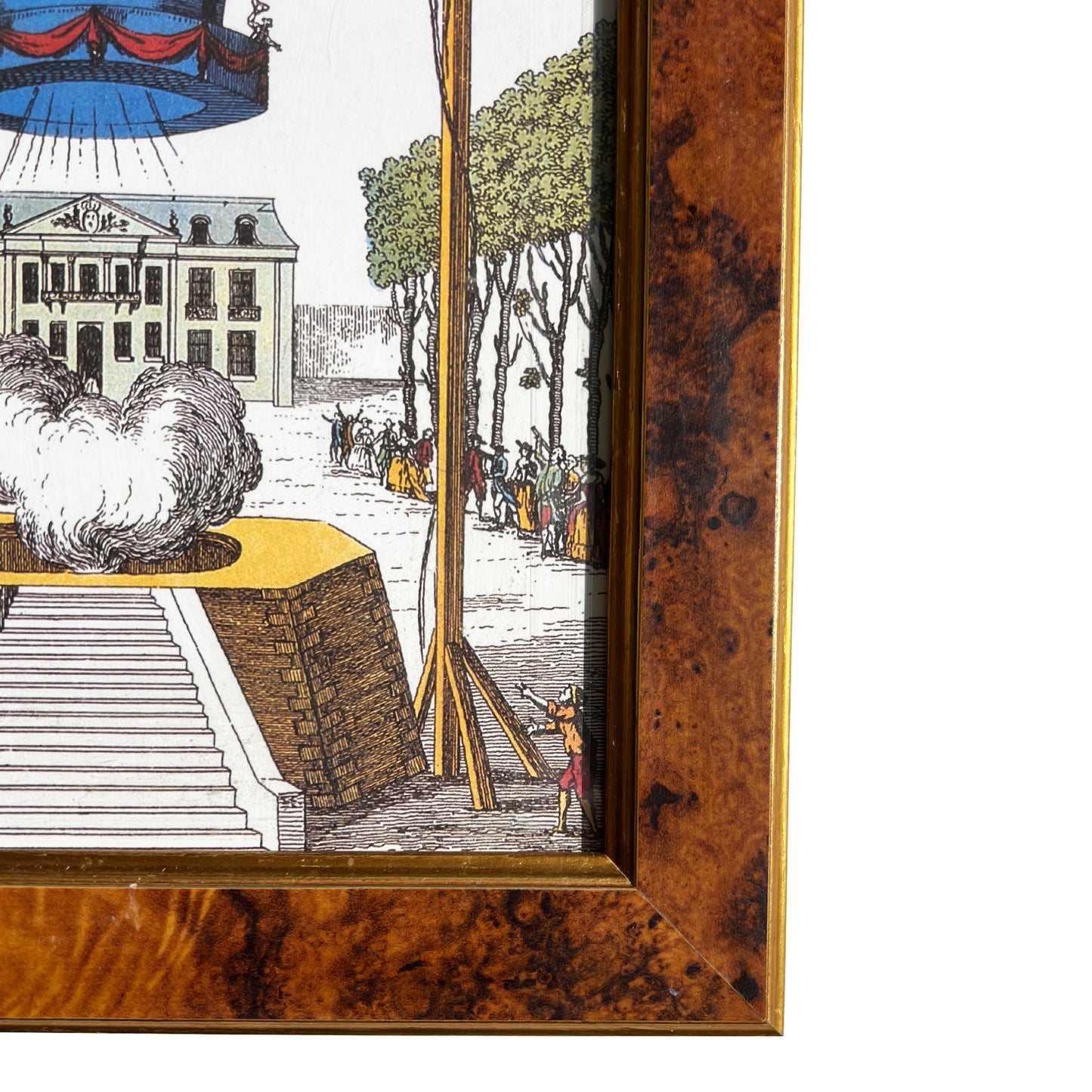 Pair of 18th-Century Hot Air Balloon Lithograph in Burlwood Frames