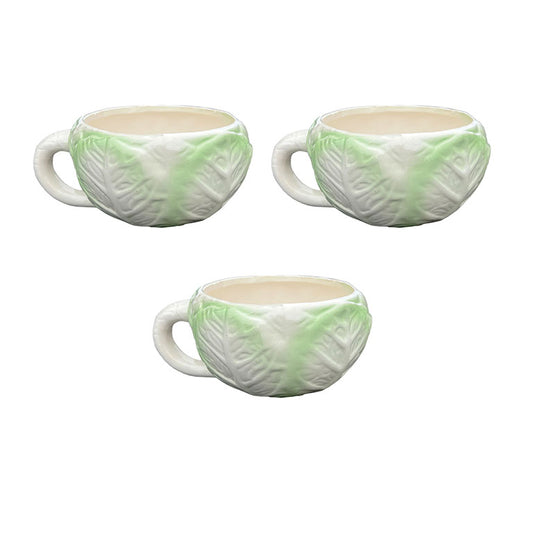 Cabbage Ware Green and Cream Coffee Cups or Soup Mugs - Set of 3