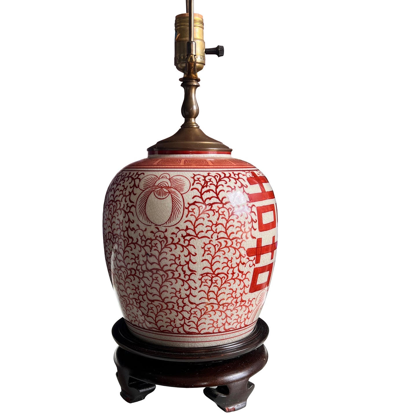 Pair Chinese Red Double Happiness Porcelain Ginger Jar Lamps
