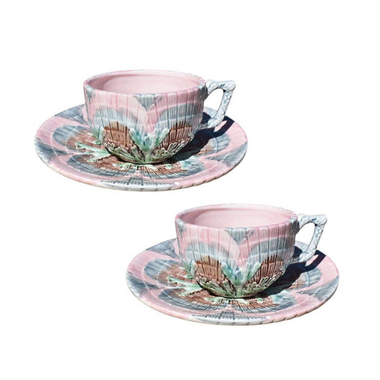 Pink Etruscan Majolica Shell and Seaweed Ceramic Teacup and Saucer Set of 2