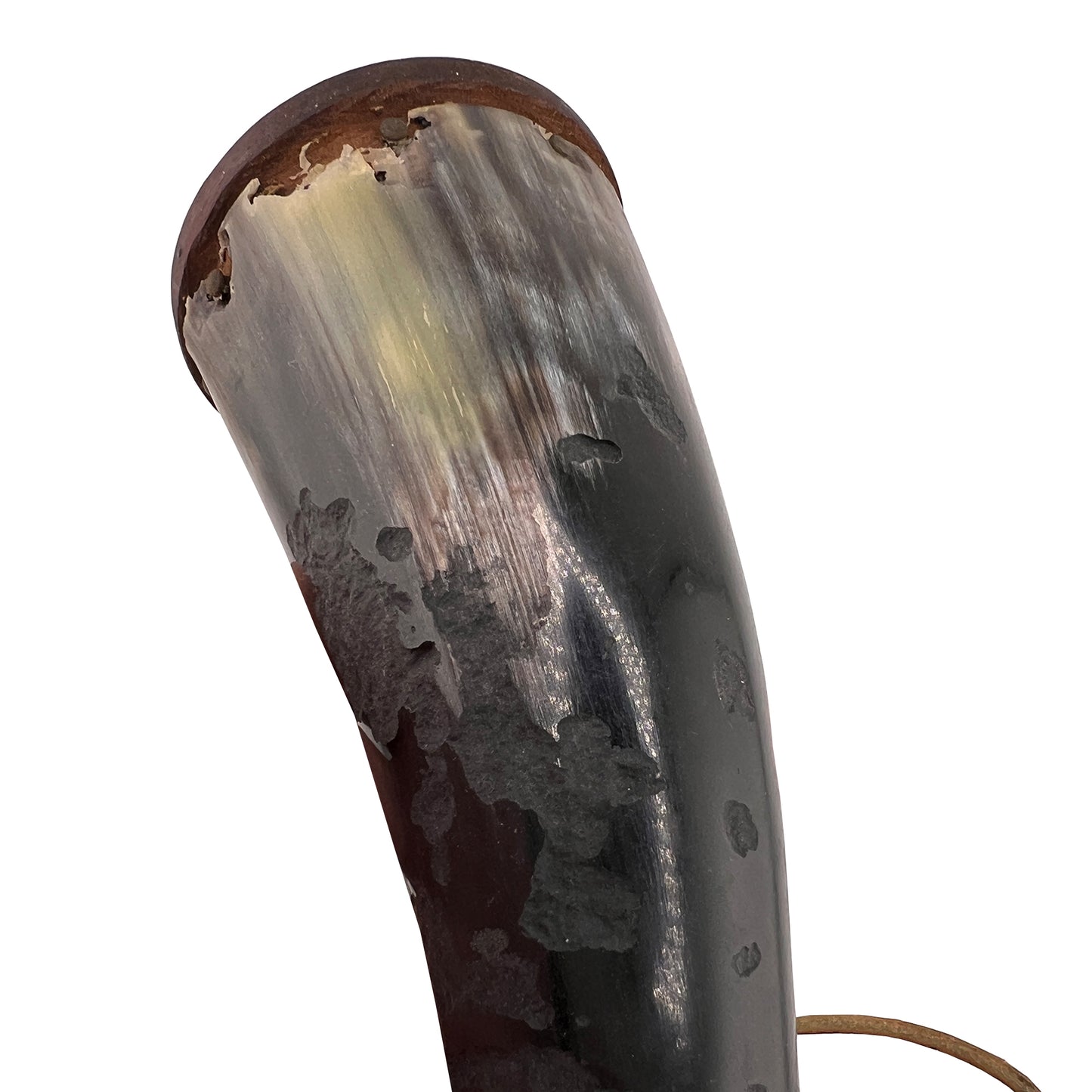 19th Century Powder Horn Flask with Brass Fittings and Leather Strap