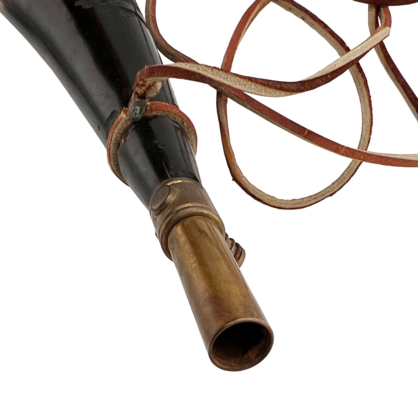 19th Century Powder Horn Flask with Brass Fittings and Leather Strap