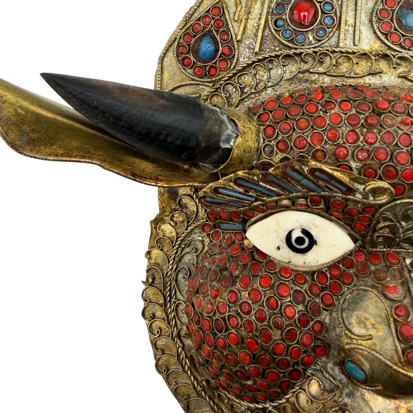 Vintage Tibetan Gilt Copper Jeweled Ritual Mask with Coral and Turquoise Inlay