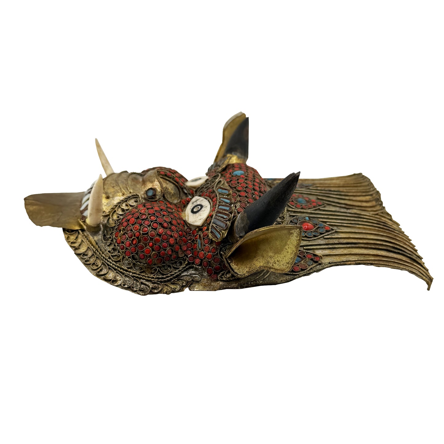 Vintage Tibetan Gilt Copper Jeweled Ritual Mask with Coral and Turquoise Inlay