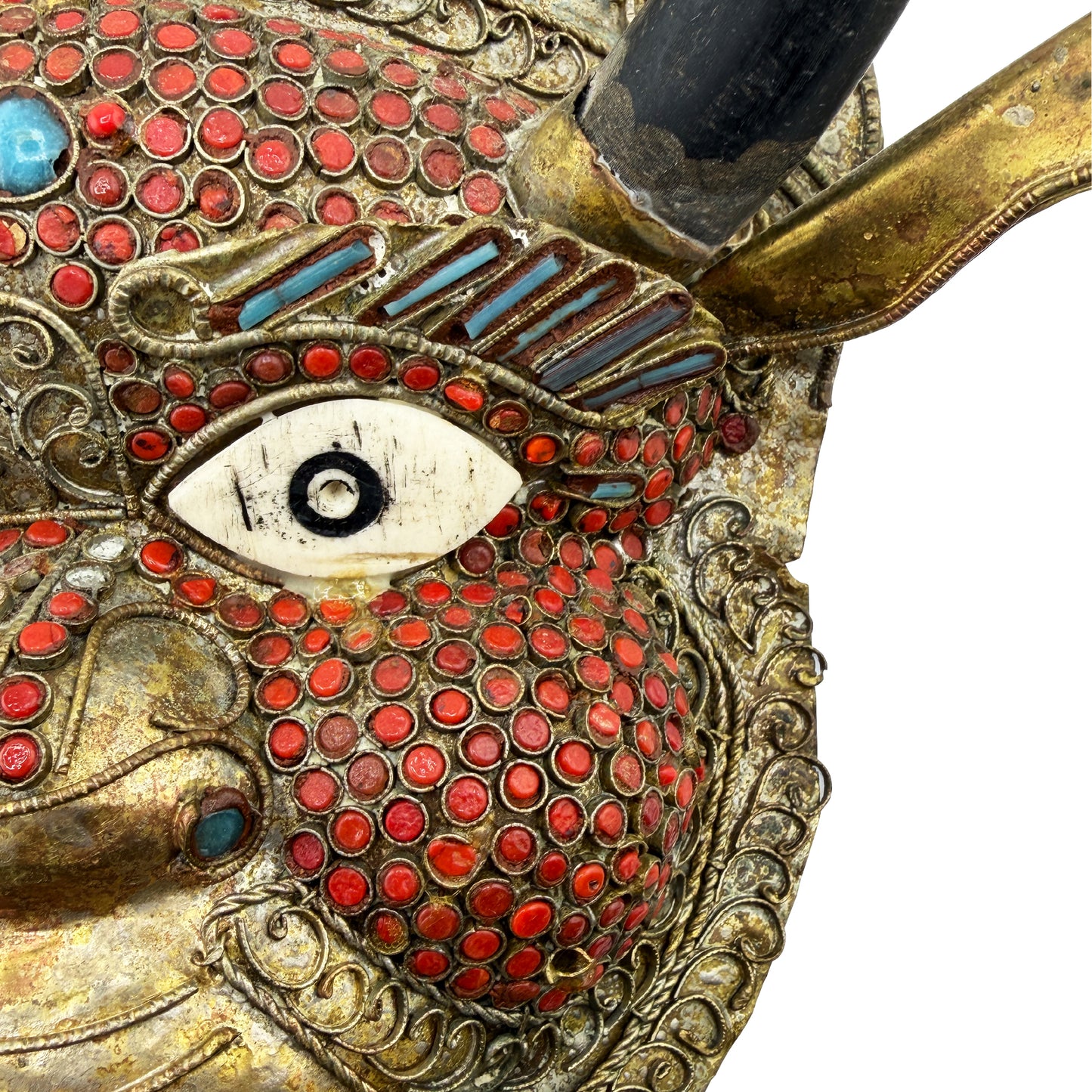 Vintage Tibetan Gilt Copper Jeweled Ritual Mask with Coral and Turquoise Inlay