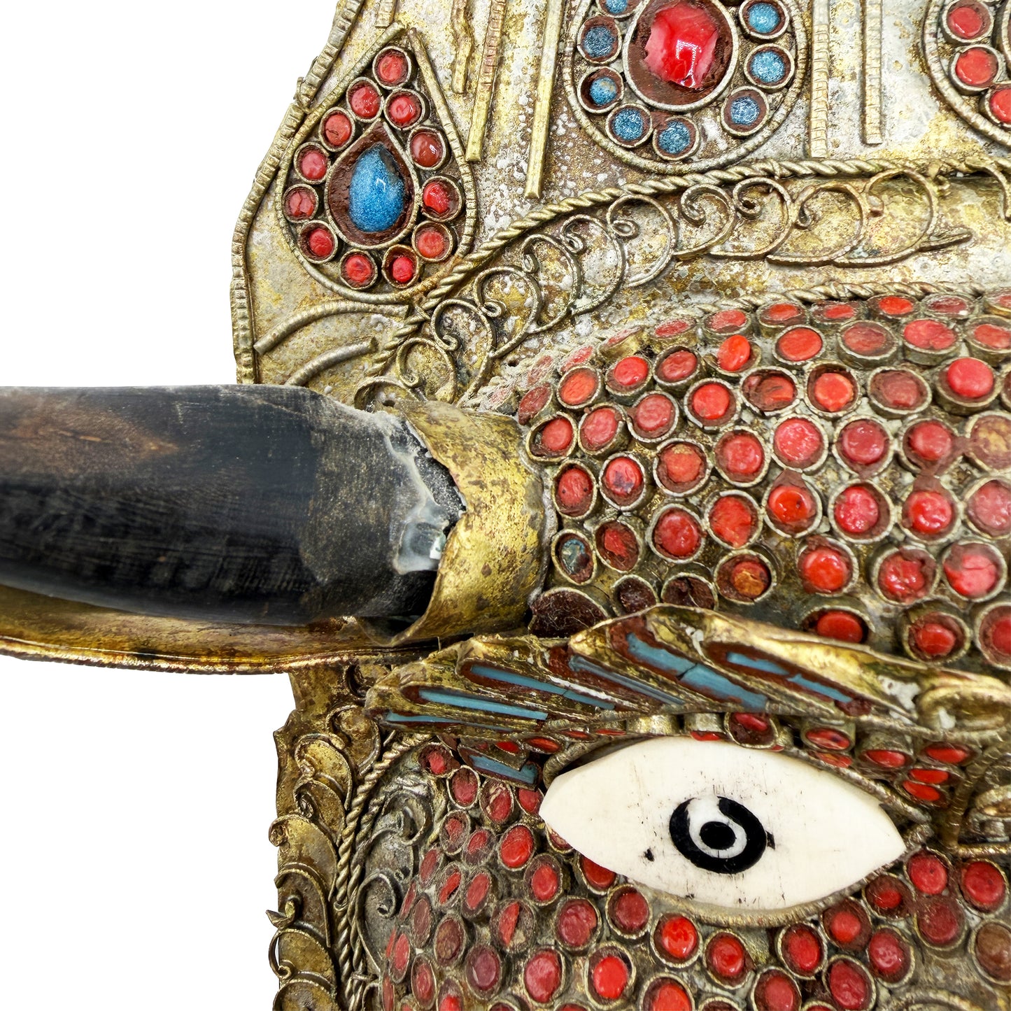 Vintage Tibetan Gilt Copper Jeweled Ritual Mask with Coral and Turquoise Inlay