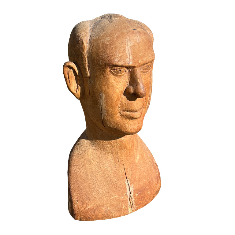 Mid-Century Hand-Carved Wooden Male Bust Sculpture — Jonathan Parks Estate