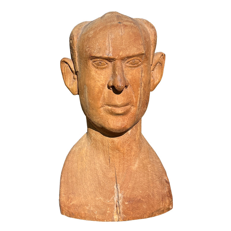 Mid-Century Hand-Carved Wooden Male Bust Sculpture — Jonathan Parks Estate
