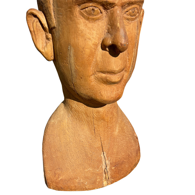 Mid-Century Hand-Carved Wooden Male Bust Sculpture — Jonathan Parks Estate