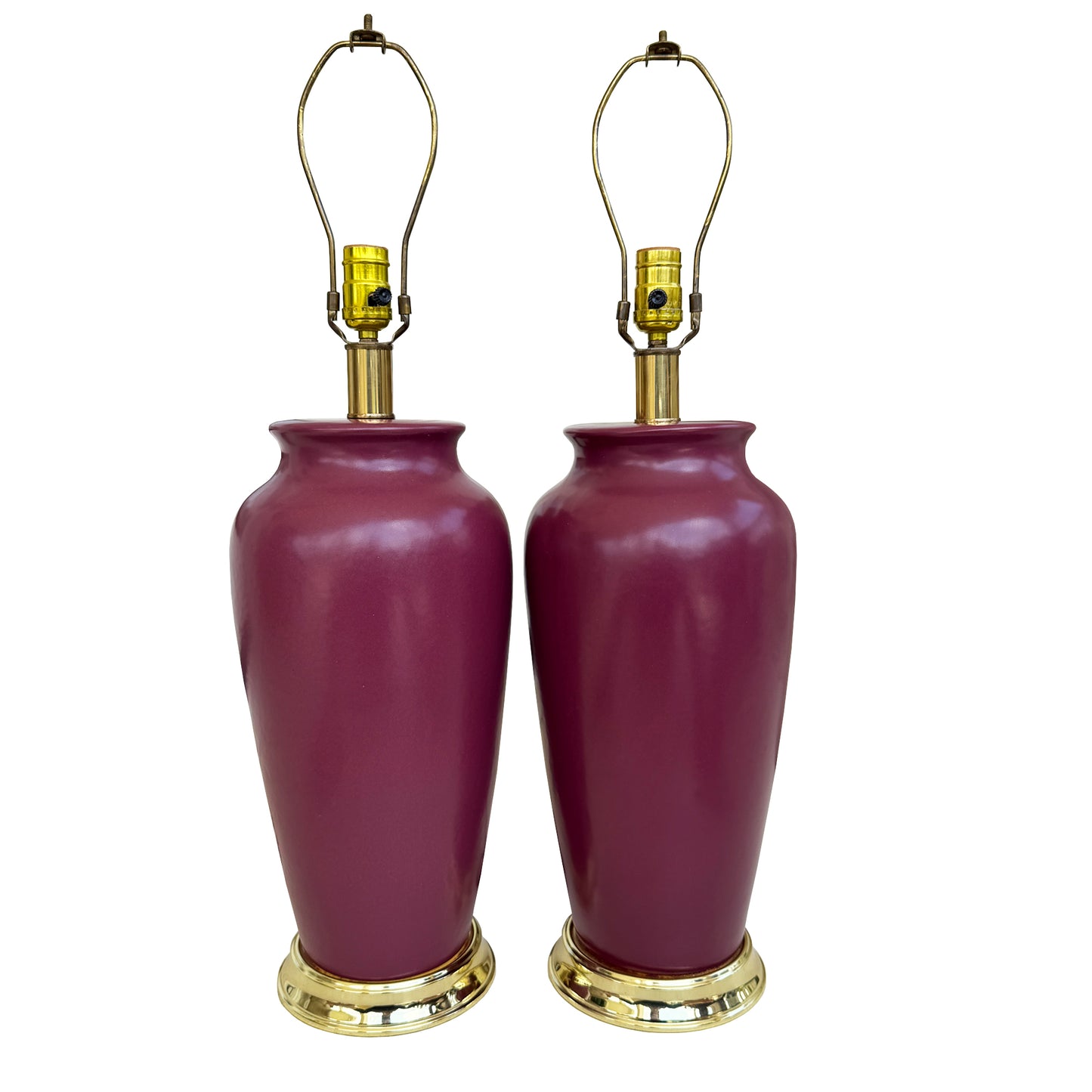 Pair of Vintage Sang de Boeuf Oxblood Glazed Ceramic and Brass Table Lamps